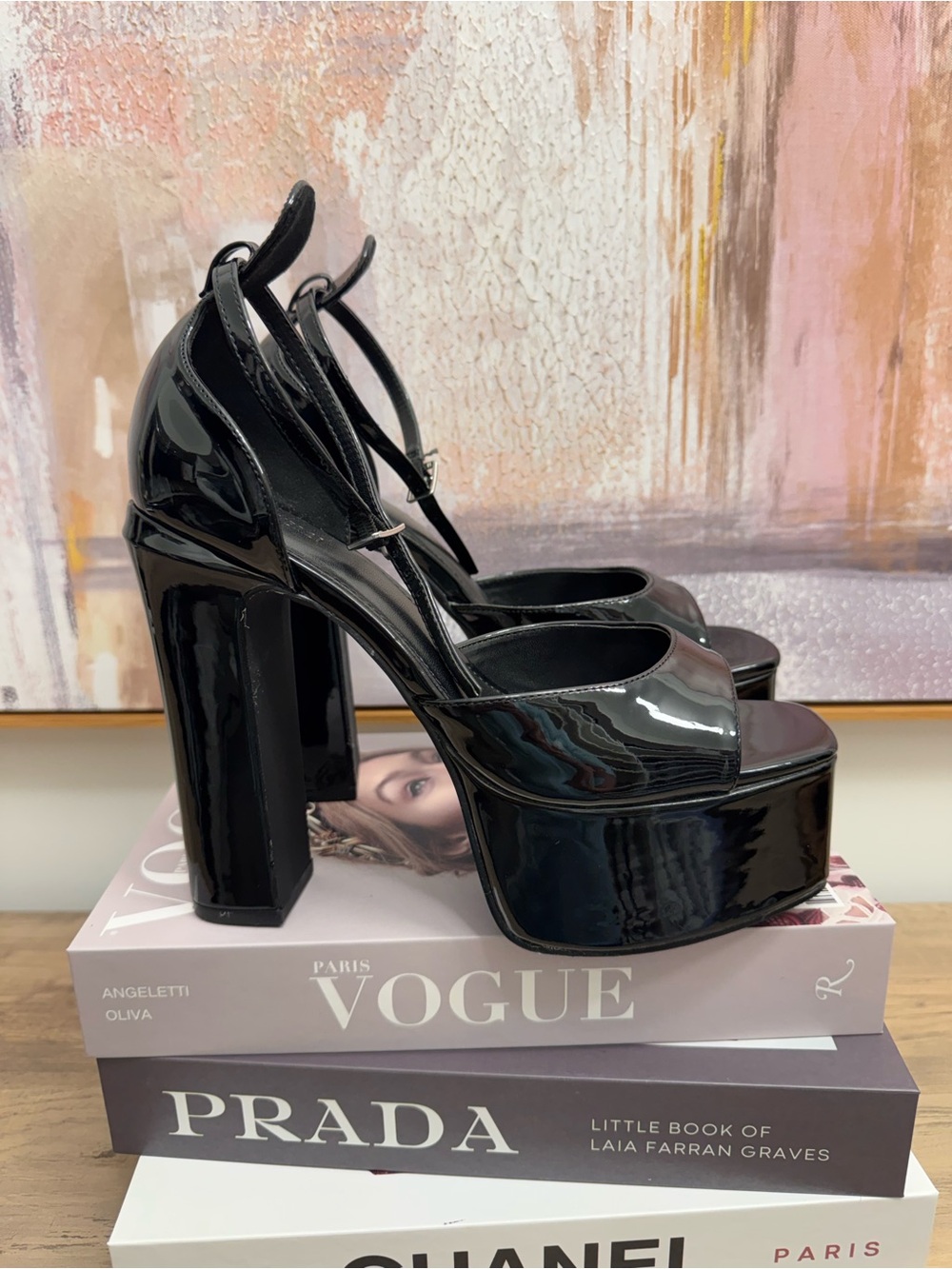 ❤️ Sexy Forever 21 Black Patent Tall Platform High Heel Sandals Ankle Strap